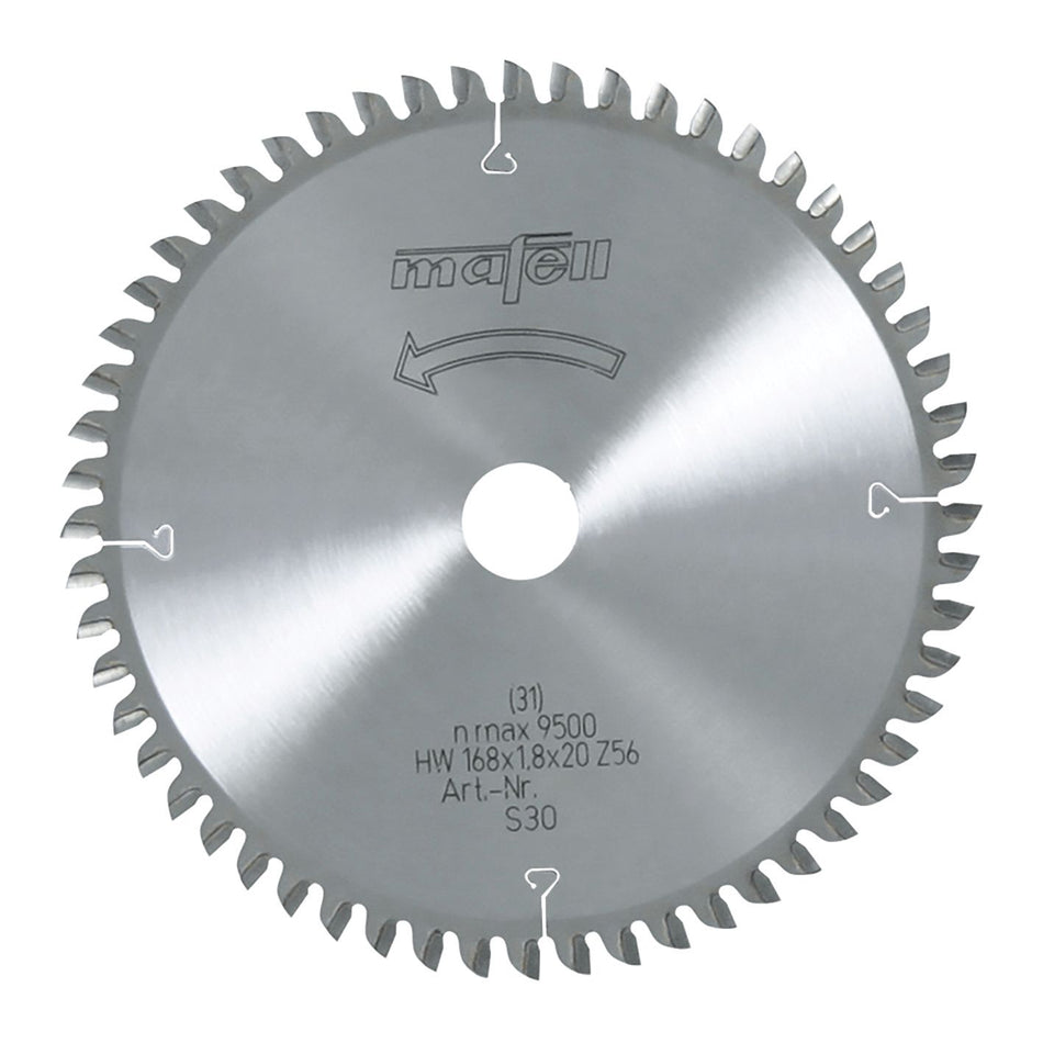Lame de scie circulaire Mafell 168 x 1,2/1,8 x 20 mm, Z 56, Dents alternées, pour coupes transversales dans le bois
