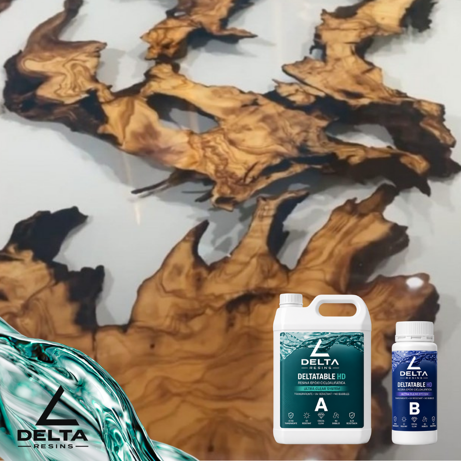 Cycloaliphatisches (hydriertes) Epoxidharz DELTATABLE HD für die Herstellung von River Tables.
