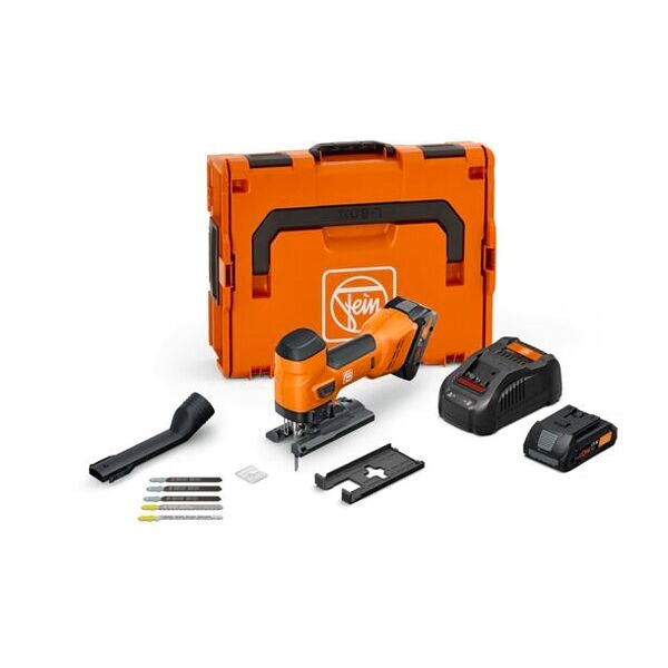 Akku-Säbelsäge für Metall und Holz, Hub 26 mm,F-IRON Jig 26 AS Set 2 x 4 Ah,Leistungsstarke Säbelsäge mit geringer Vibration für präzise und geschwungene Schnitte in Metall und Holz, auch für Überkopfarbeiten. Starterset mit 2 Akkus à 4 Ah inklusive
